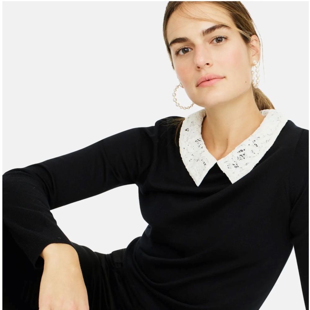 J.Crew Tippi Sweater Lace Collar Black Merino Wool, Small